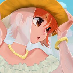 Rule 34 | 1girl, absurdres, bangle, bare shoulders, blue sky, bracelet, bridal veil, brown eyes, cloud, cloudy sky, commentary, dress, english commentary, frilled dress, frills, hands on headwear, hat, highres, jewelry, kurrentlaire, looking to the side, nami (one piece), necklace, off-shoulder dress, off shoulder, official alternate costume, one piece, open mouth, orange hair, outdoors, pearl necklace, pink lips, see-through, see-through sleeves, short hair, sky, solo, straw hat, upper body, veil, wedding dress, white dress, yellow hat