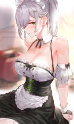 Rule 34 | 1girl, apron, bare shoulders, black dress, blurry, blurry background, breasts, cleavage, closed mouth, collarbone, commentary request, depth of field, detached collar, detached sleeves, dress, green eyes, grey hair, hair ornament, hairclip, highres, kfr, large breasts, long hair, looking at viewer, maid, maid apron, maid headdress, original, ponytail, puffy short sleeves, puffy sleeves, short sleeves, sitting, solo, underbust, waist apron, wrist cuffs