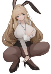 Rule 34 | 1girl, absurdres, animal ears, blonde hair, blue eyes, breasts, high heels, highres, id card, large breasts, long hair, long sleeves, looking at viewer, mole, mole under eye, no bra, original, rabbit (wlsdnjs950), rabbit ears, simple background, skirt, solo, squatting, thighhighs, undressing, very long hair, white background
