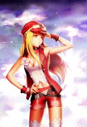 Rule 34 | 1girl, player character (mabinogi), bad id, bad pixiv id, blonde hair, breasts, choker, cleavage, goggles, goggles on head, hand on own hip, hat, long hair, mabinogi, midriff, navel, red eyes, shading eyes, shorts, solo, thighhighs, white thighhighs, xenoc