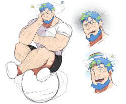 Rule 34 | 1boy, :d, annoyed, aqua hair, arm hair, bara, black shorts, collage, confused, crescent moon, cropped shoulders, ducka98, earth-chan, earth-ojisan, earth (planet), expressions, facial hair, full body, genderswap, genderswap (ftm), goatee, gradient hair, green hair, hairy, happy, large pectorals, leg hair, male focus, mature male, moon, multicolored hair, muscular, muscular male, nasa, nasa logo, old, old man, open mouth, original, parody, pectorals, planet, rainbow, short hair, shorts, sideburns, sitting, sketch, smile, stomach, storm, sun, thunder