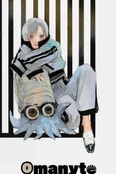Rule 34 | 1girl, absurdres, black footwear, character name, commentary, creatures (company), eyelashes, flats, game freak, gen 1 pokemon, grey hair, grey jacket, grey pants, highres, jacket, l 1753ucon, leaning to the side, long sleeves, nintendo, omanyte, orange eyes, pants, parted lips, pokemon, pokemon (creature), popped collar, shoes, short hair, sleeves past wrists