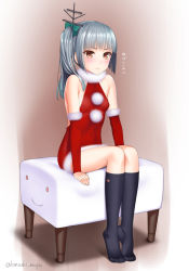 Rule 34 | 10s, 1girl, bad id, bad pixiv id, blush, breasts, brown eyes, christmas, covered navel, detached sleeves, dress, covered erect nipples, feet, headgear, kantai collection, kanzaki muyu, kasumi (kancolle), santa costume, side ponytail, silver hair, sitting, small breasts, solo, thighhighs, tiptoes