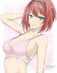 Rule 34 | 1girl, ark royal (kancolle), blue eyes, blunt bangs, bob cut, bra, breasts, cleavage, commentary request, gakky, hairband, inverted bob, kantai collection, looking at viewer, medium breasts, one-hour drawing challenge, pink bra, red hair, short hair, solo, tiara, underwear, upper body