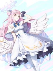 Rule 34 | 1girl, blue archive, capelet, hair bun, koflif, long hair, looking at viewer, mika (blue archive), pink hair, smile, solo, standing, wings, yellow eyes