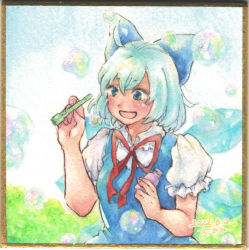 Rule 34 | 1girl, aqua hair, blue bow, blue dress, blue hair, bow, breasts, bubble, bubble pipe, cirno, collared shirt, dated, detached wings, dress, frilled sleeves, frills, hair between eyes, hair bow, holding, ice, ice wings, looking at object, neck ribbon, open mouth, pinafore dress, puffy short sleeves, puffy sleeves, red ribbon, ribbon, shin1ar24, shirt, short sleeves, sleeveless dress, small breasts, smile, solo, touhou, traditional media, upper body, watercolor pencil (medium), white shirt, wings