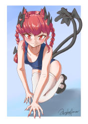 Rule 34 | 1girl, :3, absurdres, alternate costume, animal ears, black bow, bow, braid, breasts, cat ears, cat tail, eyebrows hidden by hair, fingernails, highres, kaenbyou rin, littiecy, multiple tails, nail polish, nekomata, red eyes, red hair, red nails, sharp fingernails, signature, solo, swimsuit, tail, tail bow, tail ornament, thighhighs, touhou, twin braids, two tails