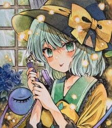 Rule 34 | 1girl, :p, black hat, blue flower, blue rose, blush, bouquet, bow, buttons, closed mouth, commentary, crossed bangs, day, diamond button, eyelashes, flower, frilled shirt collar, frills, green eyes, green hair, hair between eyes, hands up, hat, hat bow, highres, holding, holding phone, indoors, komeiji koishi, light particles, medium hair, phone, rose, shikishi, shirt, smile, solo, straight hair, third eye, tongue, tongue out, touhou, traditional media, tsurime, upper body, window, yellow bow, yellow shirt, yuzugoori