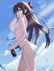 Rule 34 | 1girl, :|, absurdres, arm up, arttsam, bikini, blue hair, blue sky, bottle, bow, bracelet, breasts, brown eyes, brown hair, closed mouth, cloud, commentary, english commentary, hair between eyes, hair bow, halterneck, hand on own head, highres, holding, holding bottle, jewelry, large breasts, lens flare, long hair, looking at viewer, looking to the side, multicolored hair, original, outdoors, red bow, side-tie bikini bottom, sideboob, sky, soda bottle, solo, straight hair, streaked hair, string bikini, summer, sunlight, swimsuit, thighs, twisted torso, wading, water drop, white bikini