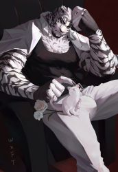 Rule 34 | 1boy, animal, animal ears, animal on lap, arknights, bandaged hand, bandages, bara, black tank top, bulge, cat, cat on lap, chain necklace, couch, covered abs, covered erect nipples, efe5anchekmu7to, elbow rest, feet out of frame, flower, furry, furry male, highres, jacket, jacket on shoulders, large pectorals, looking at viewer, male focus, mountain (arknights), muscular, muscular male, necklace, on couch, on lap, pants, pectorals, scar, scar across eye, scar on face, short hair, solo, spread legs, tail, tank top, tiger boy, tiger ears, tiger tail, waxianfanta, white cat, white flower, white fur, white hair, white pants