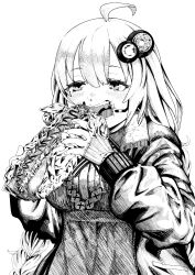 Rule 34 | 1girl, absurdres, ahoge, blush, braid, dress, eating, fingernails, food, greyscale, hair ornament, hatching (texture), highres, holding, holding food, hot dog, jacket, kizuna akari, kuso buta gomi yarou, long hair, long sleeves, monochrome, open clothes, open jacket, open mouth, simple background, solo, twin braids, upper body, voiceroid, white background