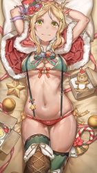 Rule 34 | 10s, 1girl, puff of air, absurdres, arms up, bell, bikini, blonde hair, blush, boots, box, braid, breasts, candy, candy cane, capelet, christmas, christmas ornaments, cleavage, commentary, crown braid, food, free style (yohan1754), hair ornament, hat, highres, huge filesize, knee boots, large breasts, looking at viewer, love live!, love live! school idol festival, love live! sunshine!!, lying, mini hat, mini top hat, navel, ohara mari, on back, pillow, ribbon, shiny skin, short hair, smile, solo, star (symbol), stomach, stuffed animal, stuffed toy, suspenders, swimsuit, teddy bear, thigh gap, thighhighs, top hat, underboob, x hair ornament, yellow eyes