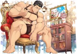 Rule 34 | 1boy, abs, bara, bare pectorals, barefoot, biceps, black hair, book, bulge, chair, chest harness, crotch plate, facial hair, flower, frown, harness, jar, large pectorals, leather, looking at viewer, male focus, manly, mature male, muscular, muscular male, naop (anything), navel, nipples, no pants, official art, one eye closed, painting (object), pectorals, portrait (object), room, shelf, sideburns, sitting, solo, spiked hair, spread legs, stubble, thick arms, thick eyebrows, thick thighs, thighs, tokyo houkago summoners, transparent background, yellow eyes, zabaniyya (fashionista swimsuit) (housamo), zabaniyya (housamo)