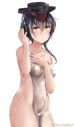 Rule 34 | 1girl, bad id, bad twitter id, black hair, blush, breasts, closed mouth, covering privates, hair between eyes, i-13 (kancolle), juurouta, kantai collection, long hair, looking at viewer, nude, nude cover, simple background, small breasts, solo, underwear, undressing, white background