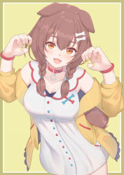 Rule 34 | 1girl, animal ears, blush, bone hair ornament, border, breasts, claw pose, cleavage, collar, commentary, cowboy shot, dog ears, dog girl, dog tail, dress, fangs, hair between eyes, hair ornament, highres, hololive, inugami korone, inugami korone (1st costume), jacket, kusubii, looking at viewer, medium breasts, medium hair, nail polish, off shoulder, open clothes, open jacket, open mouth, orange eyes, red collar, simple background, sleeveless, sleeveless dress, smile, solo, tail, virtual youtuber, white dress, wristband, yellow background, yellow jacket, yellow nails