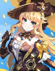 Rule 34 | 1girl, bare shoulders, black gloves, blonde hair, blue eyes, blue sky, dress, earrings, genshin impact, gloves, hat, highres, holding, holding umbrella, jewelry, leon0630claude, long hair, looking at viewer, navia (genshin impact), parasol, sky, smile, solo, strapless, strapless dress, teeth, umbrella, upper body