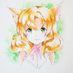 Rule 34 | 1girl, animal ears, blonde hair, bow, bowtie, cat ears, closed mouth, commentary, copyright request, green eyes, highres, looking at viewer, peachpii, pink bow, pink bowtie, portrait, short hair, smile, solo, symbol-only commentary