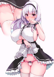 Rule 34 | 1girl, azur lane, black hairband, blunt bangs, blush, breasts, clothing cutout, covering own mouth, dido (azur lane), frilled panties, frills, hairband, hand over own mouth, highres, huge breasts, lifted by self, long hair, looking at viewer, navel, panties, pink eyes, pink panties, sezok, sideboob, simple background, solo, striped clothes, striped panties, thighhighs, underboob, underboob cutout, underwear, vertical-striped clothes, vertical-striped panties, white background, white hair, white thighhighs