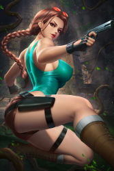 Rule 34 | 1girl, blouse, braid, braided ponytail, breasts, brown eyes, brown footwear, brown hair, brown shorts, covered erect nipples, day, dual wielding, eyelashes, eyewear on head, french braid, glasses, glasses on head, green shirt, gun, handgun, holding, lara croft, large breasts, leotard, leotard under clothes, long hair, muscular, muscular female, neoartcore, no bra, pistol, plant, ponytail, shirt, shorts, skindentation, socks, solo, tagme, taut clothes, taut shirt, tomb raider, weapon
