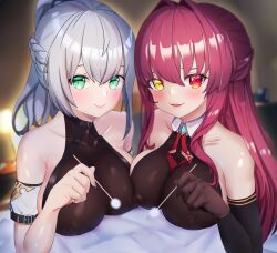 Rule 34 | 2girls, bare shoulders, blush, braid, breasts, cleavage, closed mouth, collarbone, covered erect nipples, detached sleeves, dongchuan, elbow gloves, gloves, green eyes, grey hair, hair between eyes, heterochromia, hololive, houshou marine, large breasts, long hair, multiple girls, official alternate hairstyle, open mouth, puffy detached sleeves, puffy sleeves, red eyes, red hair, shirogane noel, shirogane noel (5th costume), short ponytail, smile, virtual youtuber, yellow eyes