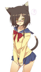 Rule 34 | 1girl, animal ears, black hair, blush, bow, braid, cat ears, cat tail, clothes pull, dripping, embarrassed, glasses, green eyes, mamecchi, miniskirt, neko no wakusei, open mouth, original, peeing, peeing self, pussy juice, school uniform, short hair, skirt, skirt pull, solo, tail, trembling, wet