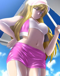 Rule 34 | 1girl, blonde hair, breasts, character request, cleavage, closed mouth, cloud, cloudy sky, commentary request, commission, copyright request, eyelashes, hand on own hip, long hair, midriff, miniskirt, navel, one eye closed, open clothes, open vest, parasol, pink skirt, pink vest, race queen, skirt, sky, smile, stomach, tank top, umbrella, vest, white tank top, white umbrella, yadokari genpachirou