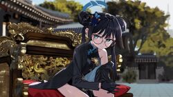 Rule 34 | 1girl, architecture, black coat, black dress, black gloves, blue archive, blue eyes, blurry, blurry background, butterfly hair ornament, china dress, chinese clothes, choppy bangs, coat, cropped legs, double bun, dragon print, dress, east asian architecture, glasses, gloves, hair bun, hair ornament, halo, highres, interlocked fingers, kisaki (blue archive), long hair, looking at viewer, luicent, off shoulder, own hands together, sidelocks, sitting, sky, throne, tile floor, tiles, tree, twintails