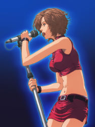 Rule 34 | 1girl, bad id, bad pixiv id, breasts, brown hair, female focus, gradient background, matsudo aya, meiko (vocaloid), microphone, microphone stand, music, short hair, singing, solo, tion yoku, vocaloid