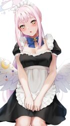 Rule 34 | 1girl, absurdres, angel wings, apron, black dress, blue archive, breasts, cleavage, crescent, dress, feathered wings, gradient halo, halo, high ponytail, highres, large breasts, long hair, looking at viewer, low wings, maid, mika (blue archive), multicolored halo, open mouth, pink hair, short sleeves, simple background, smallpine 7, solo, white apron, white background, white wings, wings, yellow eyes