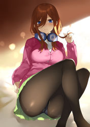 Rule 34 | 1girl, ass, black pantyhose, blue eyes, breasts, brown hair, closed mouth, collared shirt, crossed legs, expressionless, feet out of frame, go-toubun no hanayome, green skirt, hair between eyes, twirling hair, hand up, headphones, headphones around neck, highres, knees up, long hair, looking at viewer, medium breasts, nakano miku, panties, panties under pantyhose, pantyhose, pink sweater, pleated skirt, see-through, shirt, sitting, skirt, sleeves past wrists, solo, sweater, underwear, white shirt, yykuaixian
