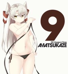 Rule 34 | 10s, 1girl, amatsukaze (kancolle), black panties, breasts, character name, closed mouth, collarbone, convenient censoring, cowboy shot, eyebrows, frown, grey background, groin, hair between eyes, hair tubes, hand up, holding, kantai collection, long hair, navel, panties, shigino sohuzi, side-tie panties, silver hair, simple background, small breasts, solo, standing, stomach, topless, two side up, underwear, underwear only, yellow eyes