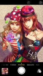 Rule 34 | 2girls, american flag dress, arm around shoulder, black shirt, blonde hair, camera phone, cellphone, chain, clothes writing, clownpiece, collar, collarbone, earth (ornament), fake phone screenshot, fake screenshot, gold chain, gradient eyes, hat, hecatia lapislazuli, highres, jester cap, legacy of lunatic kingdom, lips, long hair, looking at viewer, moon, multicolored clothes, multicolored eyes, multicolored skirt, multiple girls, nose, open mouth, phone, photo (object), purple eyes, red eyes, red hair, selfie, shirt, short hair, side-by-side, skirt, smile, sunyuqian, teeth, torch, touhou, viewfinder
