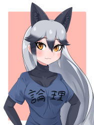 Rule 34 | 1girl, :3, animal ears, aramaru, black hair, blue shirt, blush, border, casual, closed mouth, clothes writing, commentary, fox ears, gradient hair, grey hair, highres, kemono friends, layered sleeves, long hair, long sleeves, looking at viewer, multicolored hair, orange eyes, outside border, pink background, shirt, short over long sleeves, short sleeves, silver fox (kemono friends), smile, solo, t-shirt, translated, upper body, white border