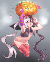 Rule 34 | 1girl, black hair, breasts, candy, commentary request, demon girl, eyepatch, fingerless gloves, food, gloves, halloween, highres, jack-o&#039;-lantern, jacket, lavie, long hair, looking at viewer, multicolored hair, nipple slip, nipples, open mouth, panties, pink gloves, pink thighhighs, pohwaran, pumpkin, red panties, single glove, small breasts, smile, solo, split-color hair, thighhighs, twintails, two-tone hair, underwear, very long hair, weapon, white hair