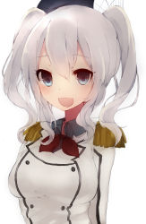 Rule 34 | 10s, 1girl, absurdres, blue eyes, breasts, female focus, gijxgij, hair ornament, highres, kantai collection, kashima (kancolle), large breasts, long hair, military, military uniform, open mouth, silver hair, smile, solo, twintails, uniform, wavy hair