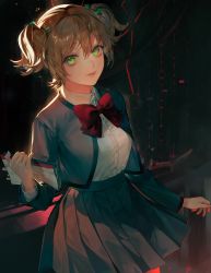 Rule 34 | 1girl, backlighting, black background, blonde hair, bow, bowtie, breasts, buttons, closed mouth, collared shirt, cowboy shot, curtains, daiba nana, dress shirt, eyelashes, green eyes, green ribbon, grey jacket, grey skirt, hair between eyes, hair ribbon, hand up, high-waist skirt, highres, holding, holding notebook, jacket, light particles, light smile, long sleeves, looking at viewer, medium breasts, miniskirt, notebook, open clothes, open jacket, pleated skirt, red bow, red bowtie, ribbon, school uniform, seishou music academy uniform, shirt, shirt tucked in, short hair, short twintails, shoujo kageki revue starlight, skirt, solo, standing, suzumi (ccroquette), twintails, white shirt