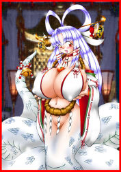 Rule 34 | artist request, blush, border, breast hold, breasts, cleavage, huge breasts, japanese clothes, lamia, long hair, monster girl, navel, purple hair, red eyes, smile