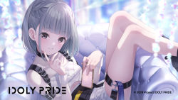 Rule 34 | 1girl, cellphone, couch, grey hair, guest art, highres, idoly pride, jimmy madomagi, kana (idoly pride), long hair, looking at viewer, official art, phone, purple eyes, short hair, smartphone, smile, solo, strap