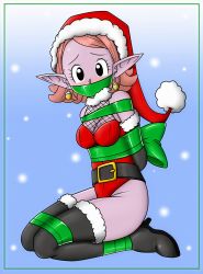 Rule 34 | 1girl, absurdres, bdsm, bondage, bound, christmas, chronoa, dragon ball, embarrassed, full body, gagged, hat, highres, kidnapped, kidnapping, kneeling, leotard, pointy ears, red leotard, santa hat, supreme kai of time