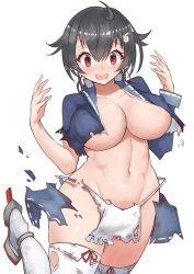 Rule 34 | 1girl, ahoge, bad id, bad twitter id, black hair, blush, breasts, curvy, fundoshi, hair between eyes, hair ornament, hair ribbon, japanese clothes, jingei (kancolle), kantai collection, large breasts, leg up, long sleeves, looking at viewer, open mouth, pelvic curtain, red eyes, ribbon, simple background, solo, tears, thighhighs, torn clothes, torn thighhighs, white background, white thighhighs, wide hips, yuzuruka (bougainvillea)