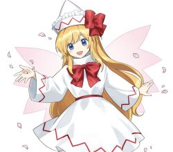 Rule 34 | 1girl, :d, blonde hair, blue eyes, bow, bowtie, dress, fairy, fairy wings, falling petals, hat, hat bow, kaigen 1025, lily white, long hair, long sleeves, open mouth, petals, pointy hat, red bow, red sash, sash, simple background, smile, solo, touhou, very long hair, white background, white dress, white hat, wide sleeves, wings
