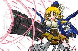 Rule 34 | 1girl, bad id, bad pixiv id, beam rifle, blonde hair, blush, bouncing breasts, breasts, drill hair, energy gun, gun, gundam, gundam age, gundam age-3, highres, huge weapon, large breasts, mahou shoujo madoka magica, mahou shoujo madoka magica (anime), matuyan-ryu, mecha musume, parody, solo, tomoe mami, twin drills, twintails, weapon, yellow eyes
