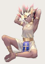 Rule 34 | 1boy, arms behind head, atem, barefoot, black hair, blonde hair, cbow, closed mouth, commentary request, dark skin, dark-skinned male, ear piercing, earrings, egyptian, full body, head tilt, highres, jewelry, male focus, multicolored hair, piercing, purple eyes, solo, spiked hair, toes, yu-gi-oh!, yu-gi-oh! duel monsters
