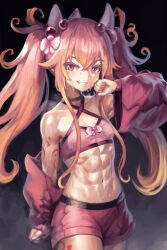 Rule 34 | 1girl, abs, arm tattoo, blonde hair, bow, breasts, commentary request, cowboy shot, crop top, curly hair, duel monster, gradient hair, hair between eyes, horns, leg tattoo, long hair, multicolored hair, navel, petite, pink eyes, pink hair, pink shorts, shorts, small breasts, smile, solo, sweat, tattoo, thighs, toned, traptrix mantis, twintails, yilx, yu-gi-oh!