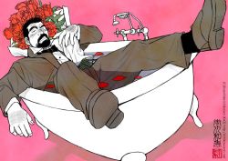 Rule 34 | 1boy, bara, bathtub, beard, black hair, blush, bouquet, bow, bowtie, facial hair, flower, formal, full body, holding, holding bouquet, ichikawa kazuhide, leg up, looking at viewer, male focus, multiple monochrome, muscular, mustache, one-hour drawing challenge, original, pants, partially submerged, petals, pink background, rose, rose petals, shoes, short hair, solo, spot color, suit