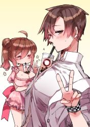 Rule 34 | 1boy, 1girl, ^ ^, ahoge, breasts, brown hair, bubble tea challenge, cevio, cleavage, closed eyes, cup, disposable cup, dress, drinking, drinking straw, closed eyes, highres, large breasts, looking at viewer, object on breast, object on pectorals, pectorals, pink dress, satou sasara, short dress, side ponytail, takahashi amato, trpg01, v, wristband