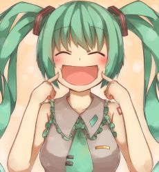 Rule 34 | 1girl, ^ ^, baron (x5qgeh), blush, closed eyes, fingers to cheeks, green hair, hair ornament, hatsune miku, long hair, necktie, open mouth, smile, solo, twintails, vocaloid