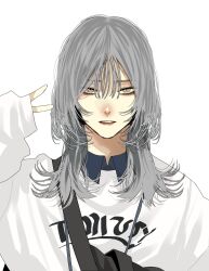 Rule 34 | 1girl, blue shirt, choppy bangs, collared shirt, commentary, grey eyes, grey hair, hair between eyes, hand up, highres, hoshi san 3, long hair, looking at viewer, original, parted lips, shirt, simple background, sleeves past wrists, solo, sweater, symbol-only commentary, upper body, v, white background, white sweater