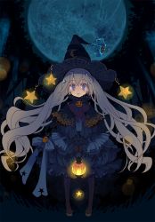 Rule 34 | 1girl, bad id, bad pixiv id, blue eyes, blush, full moon, hat, lantern, long hair, looking at viewer, moon, open mouth, original, silver hair, solo, twintails, very long hair, witch, witch hat, yamadori yoshitomo