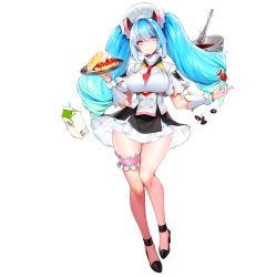 Rule 34 | 1girl, :3, aurora (last origin), blue hair, breasts, chef, chef hat, chocolate, chocolate making, dress, drill hair, food, fruit, full body, game cg, hair between eyes, hat, high heels, highres, large breasts, last origin, long hair, looking at viewer, milk carton, mixing bowl, necktie, official art, patissier, pink eyes, red necktie, short dress, short necktie, sidelocks, smile, snowball22, solo, star-shaped pupils, star (symbol), strawberry, symbol-shaped pupils, tachi-e, thigh gap, transparent background, twin drills, twintails, whisk, wide hips